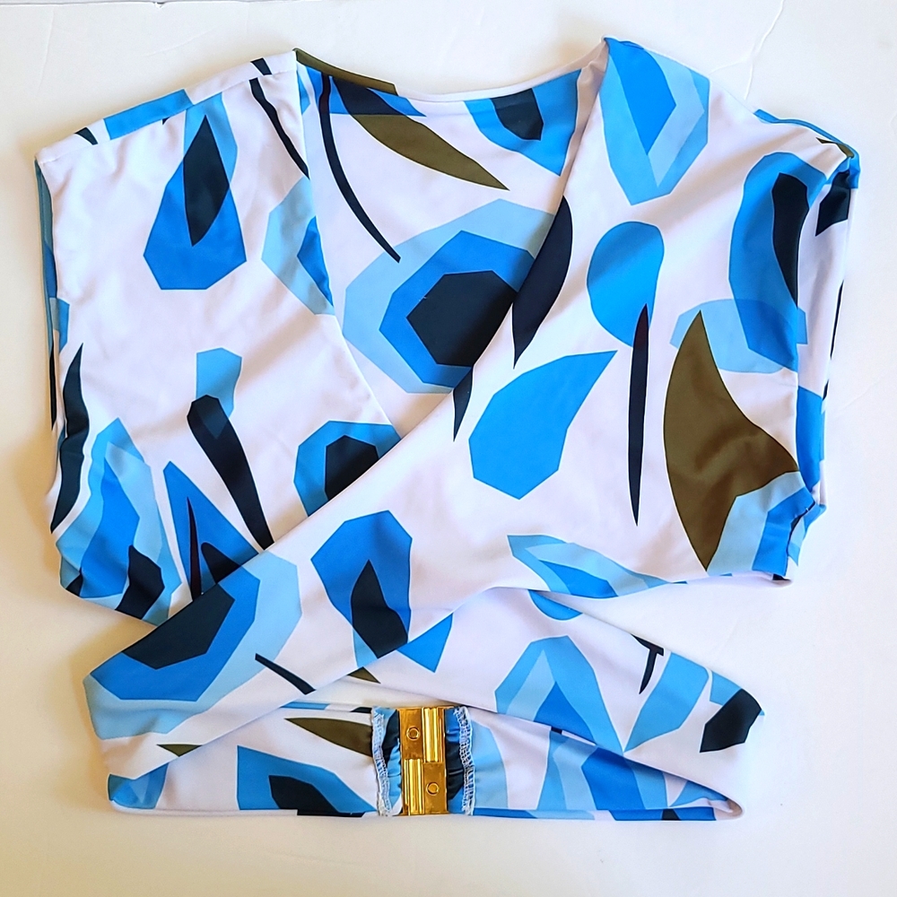 Shein Medium white blues black grown geometric front wrap bikini shirt top